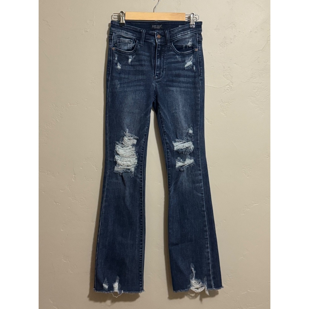 Judy Blue Slim Boot Cut Jeans 3/26 Distressed Flare Frayed Hem Dark Wash Stretch